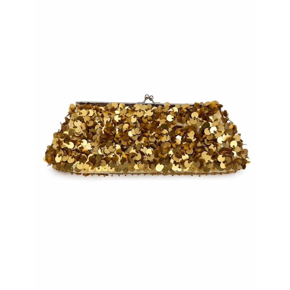 Unbranded Gold Sequin Clutch Bag Evening Formal Y2k Style Satin Kiss Lock